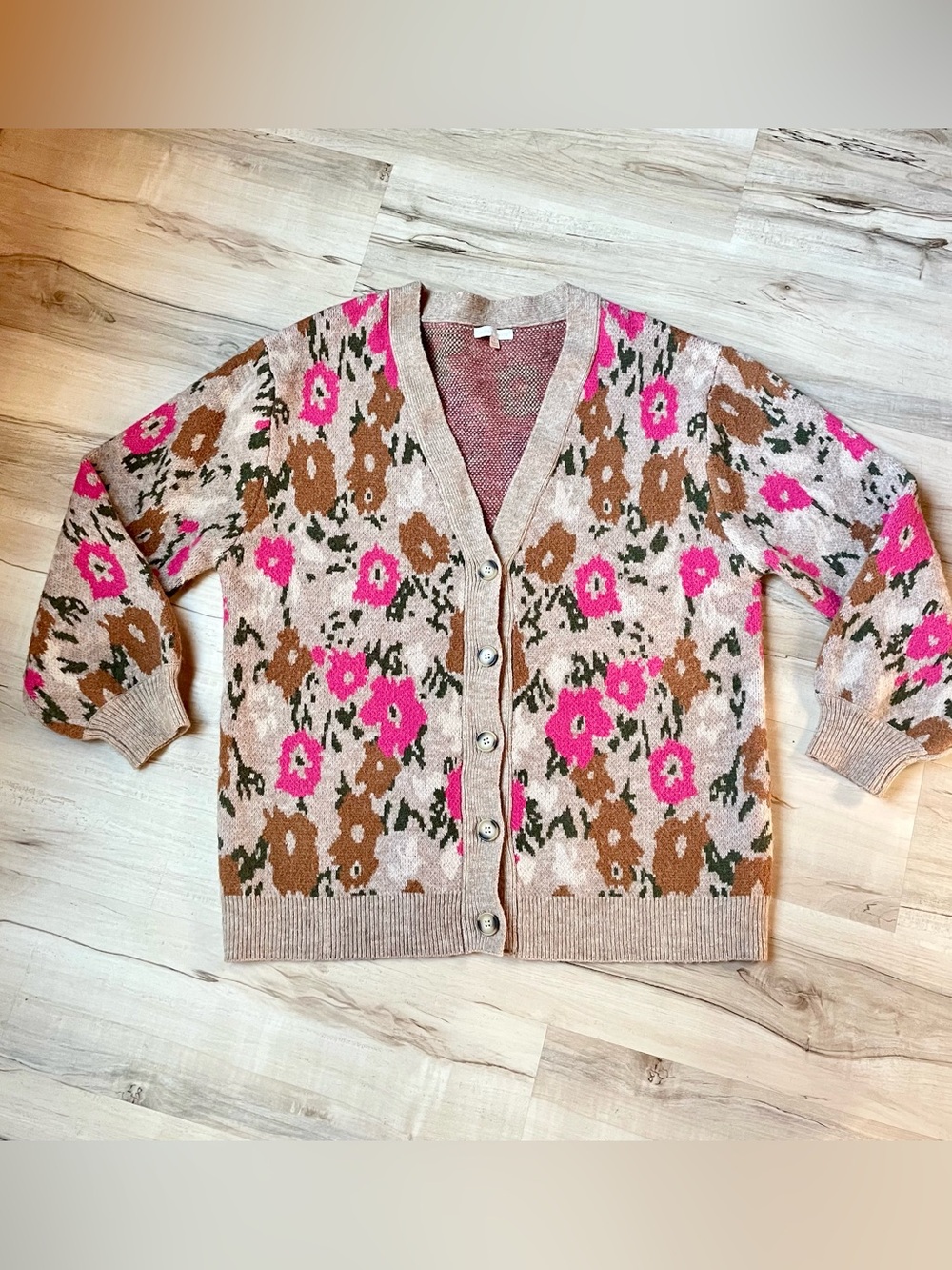 Flying Tomato Floral V-Neck Button Cardigan Sweater - Pink & Tan
